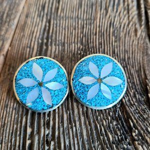 Vintage Alpaca Mexico round Abalone shell earrings